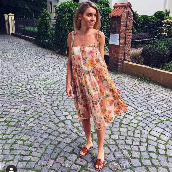 knee length dresses for ladies Hope & Ivy The Zara Landscape Scene Tie Waist A-Line Midi Dress, White/Multi